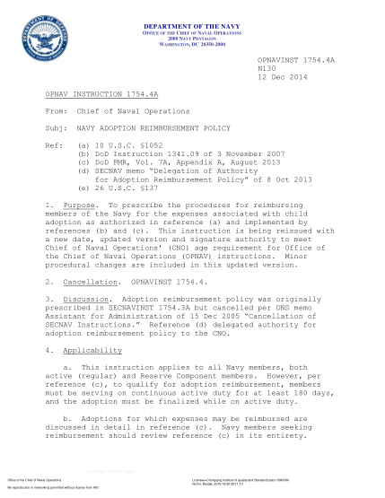 NIDS OPNAV 1754.4A-2014  (N130) Navy Adoption Reimbursement Policy