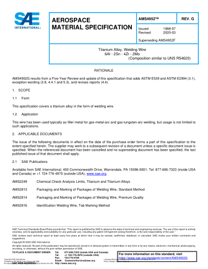 SAE AMS4952G-2020  Titanium Alloy, Welding Wire 6Ai - 2Sn - 4Zr - 2Mo (Uns R54620)
