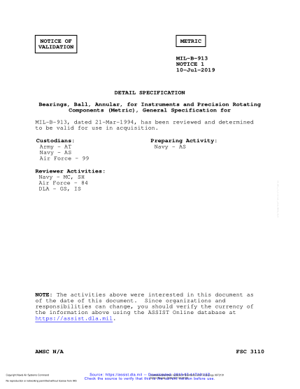 NAVY MIL-B-913 VALID NOTICE 1-2019  Bearings, Ball, Annular, For Instruments And Precision Rotating Components (Metric), General Specification For
