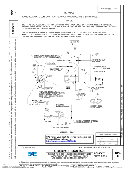 SAE AS9566B-2018  (R) Bolt, Machine - Double Hexagon Extended Washer Head, Drilled, Pd Shank, Cres Uns S66286, 130 Ksi Min .2500-28 Unjf-3A