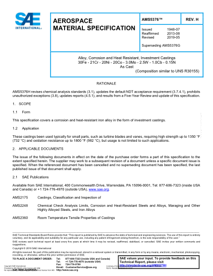 SAE AMS5376H-2019  Alloy, Corrosion And Heat Resistant, Investment Castings 30Fe - 21Cr - 20Ni - 20Co - 3.0Mo - 2.5W - 1.0Cb - 0.15N As Cast (Uns R30155)