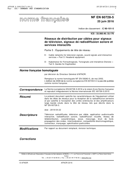 NF EN 60728-5-2016   Cable networks for television signals, sound signals and interactive services - Part 5 - headend equipment