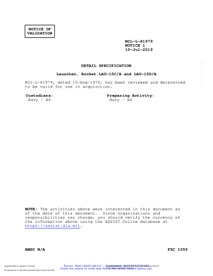 NAVY MIL-L-81979 VALID NOTICE 1-2019  Launcher, Rocket Lau-10C/A And Lau-10D/A