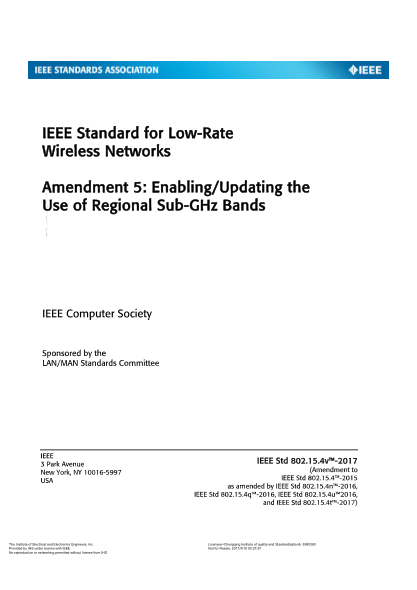 IEEE 802.15.4V-2017   Low-Rate Wireless Networks Amendment 5: Enabling/Updating the Use of Regional Sub-GHz Bands (IEEE Computer Society)