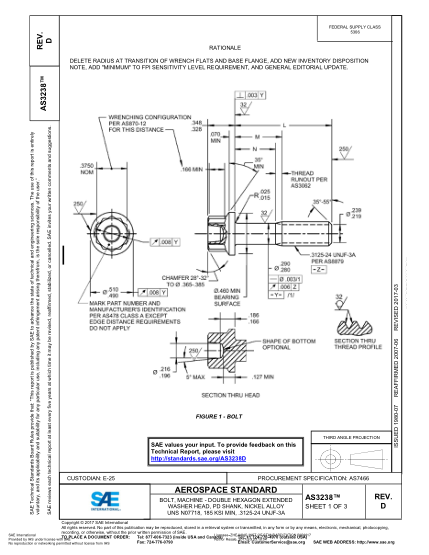 SAE AS3238D-2017  Bolt,Machine - Double Hexagon Extended Washer Head,Pd Shank,Nickel Alloy Uns N07718,185 Ksi Min,.3125-24 Unjf-3A