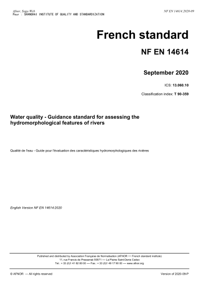 NF EN 14614-2020  Water quality - Guidance standard for assessing the hydromorphological features of rivers