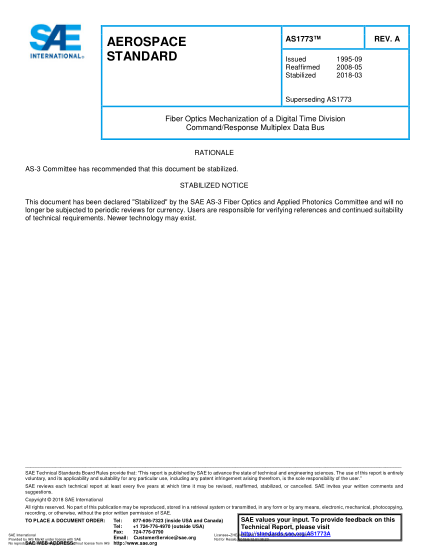 SAE AS1773A-2018  Fiber Optics Mechanization Of A Digital Time Division Command/Response Multiplex Data Bus