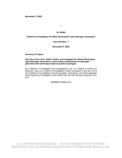 UL 2264A-2020  Ul Outline Of Investigation For Water Electrolysis Type Hydrogen Generators (Issue 1)