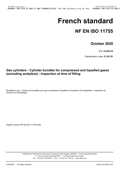 NF E29-701-2020  Gas cylinders - Cylinder bundles for compressed and liquefied gases (excluding acetylene) - Inspection at time of filling