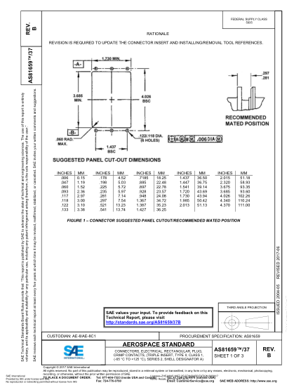 SAE AS81659/37B-2017  Connectors,Electrical,Rectangular,Plug,Crimp Contacts,(Triple Insert,Type Ii,Class 1,(-65 °C To +125 °C),Series 2,Shell Designator A)
