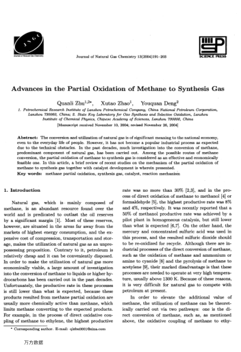 Advances in the Partial Oxidation of Methane to Synthesis Gas