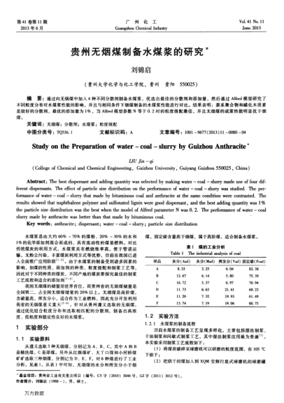 貴州無(wú)煙煤制備水煤漿的研究