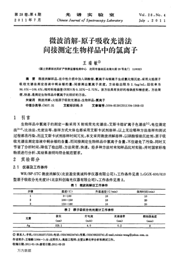 微波消解-原子吸收光譜法間接測定生物樣品中的氯離子