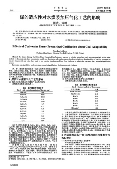 煤的適應(yīng)性對水煤漿加壓氣化工藝的影響