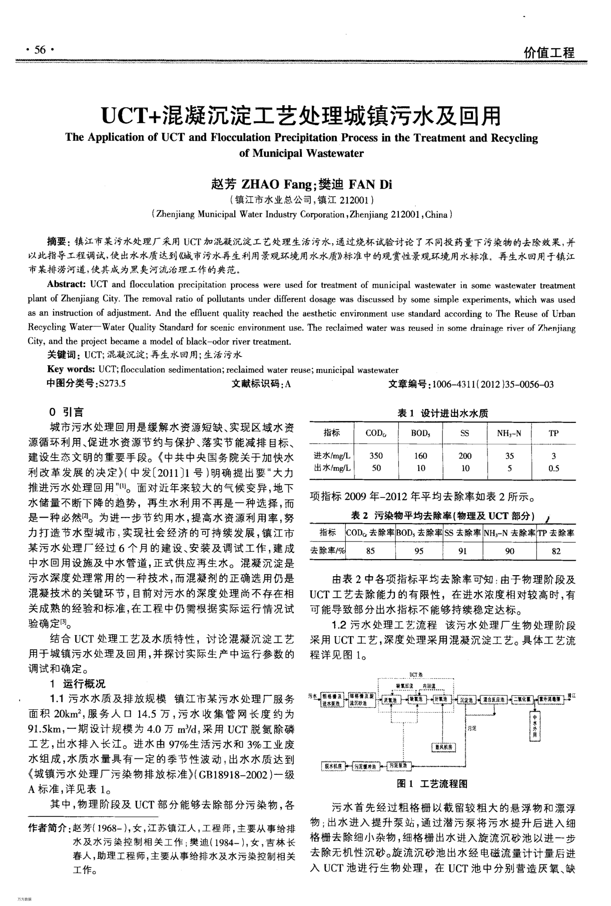 UCT+混凝沉淀工藝處理城鎮(zhèn)污水及回用