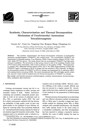 Synthesis, Characterization and Thermal Decomposition Mechanism of Cetyltrimethyl Ammonium Tetrathio