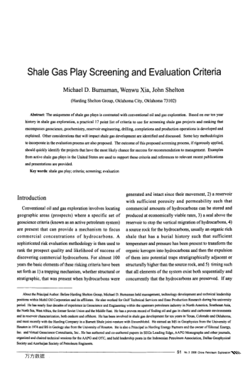Shale Gas Play Screening and Evaluation Criteria
