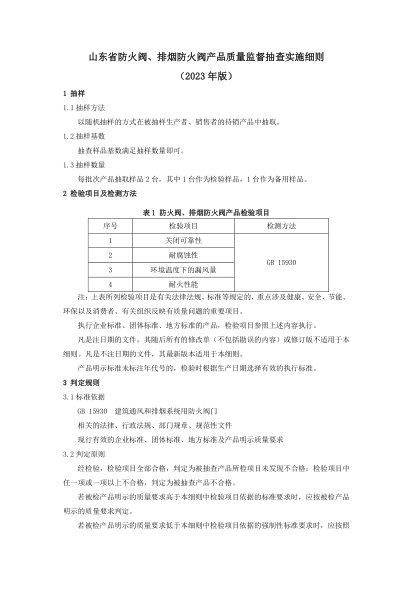 山東省防火閥、排煙防火閥產(chǎn)品質(zhì)量監(jiān)督抽查實(shí)施細(xì)則（2023年版）