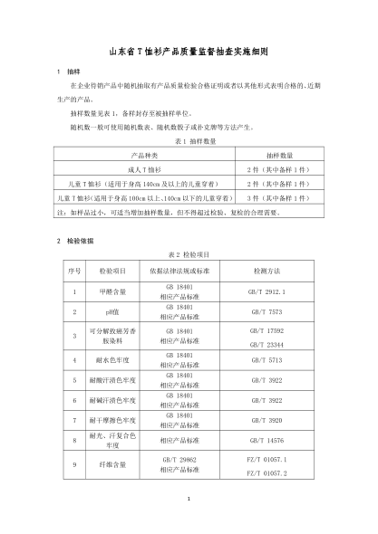 山東省T恤衫產(chǎn)品質(zhì)量監(jiān)督抽查實施細則（2020年版）